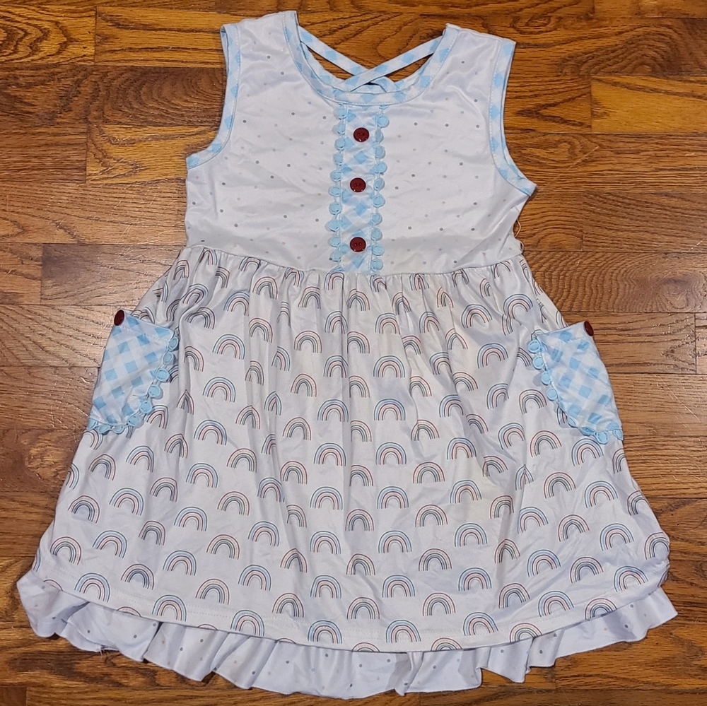 Adorable Rainbow Patterned Kids Dress with Blue Accents and Side Pockets Size 6